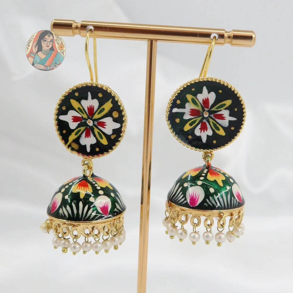 Meenakari Oxidized Silver Jhumkis - A