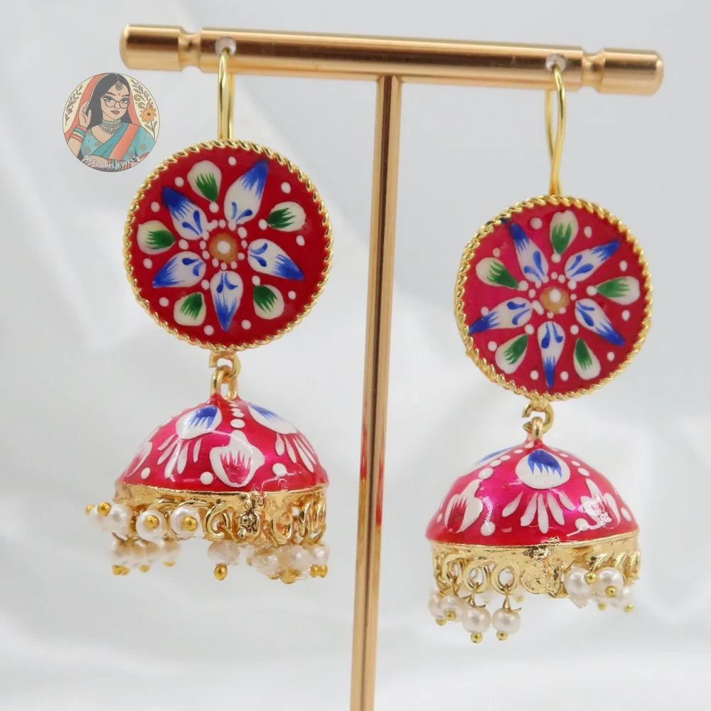 Meenakari Oxidized Silver Jhumkis - B