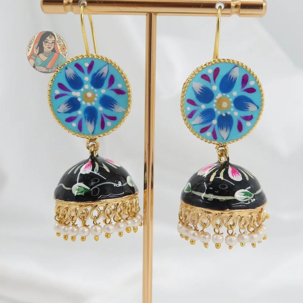 Meenakari Oxidized Silver Jhumkis - E
