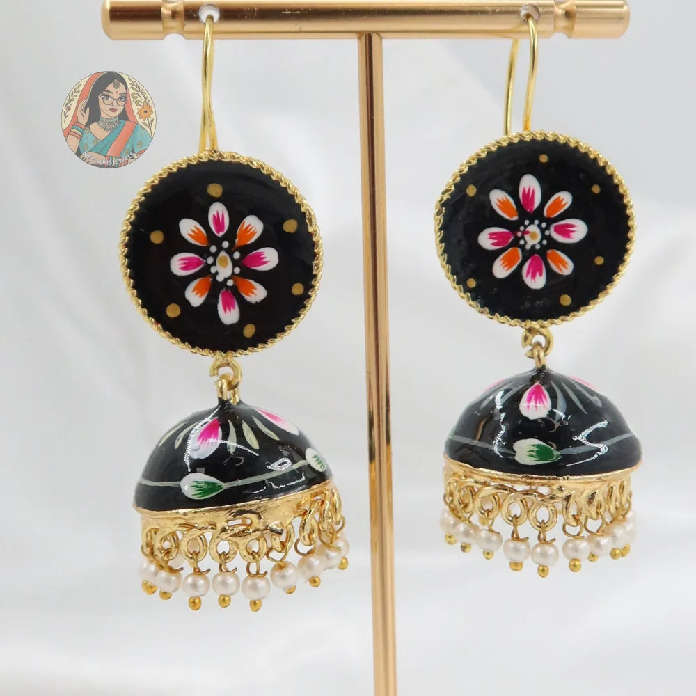 Meenakari Oxidized Silver Jhumkis - H
