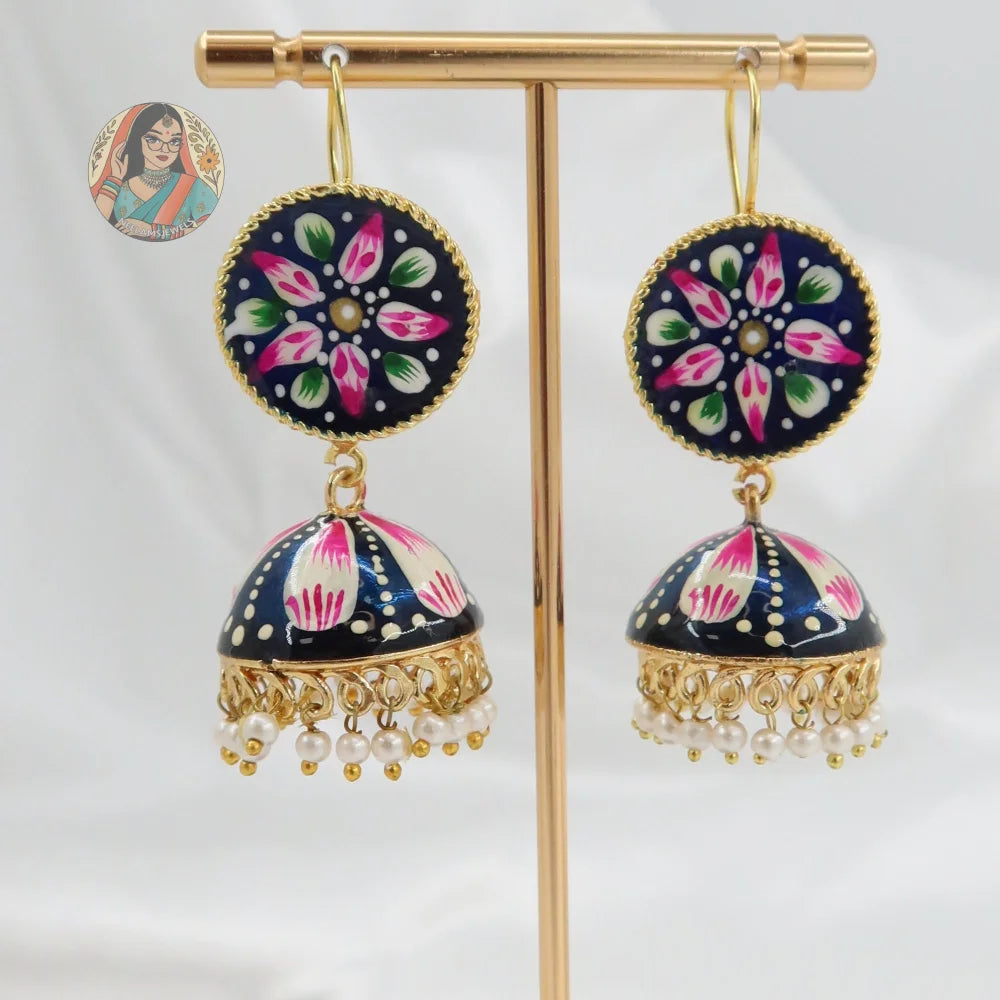 Meenakari Oxidized Silver Jhumkis - I