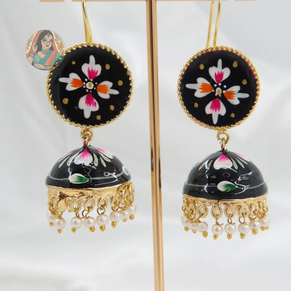 Meenakari Oxidized Silver Jhumkis - J