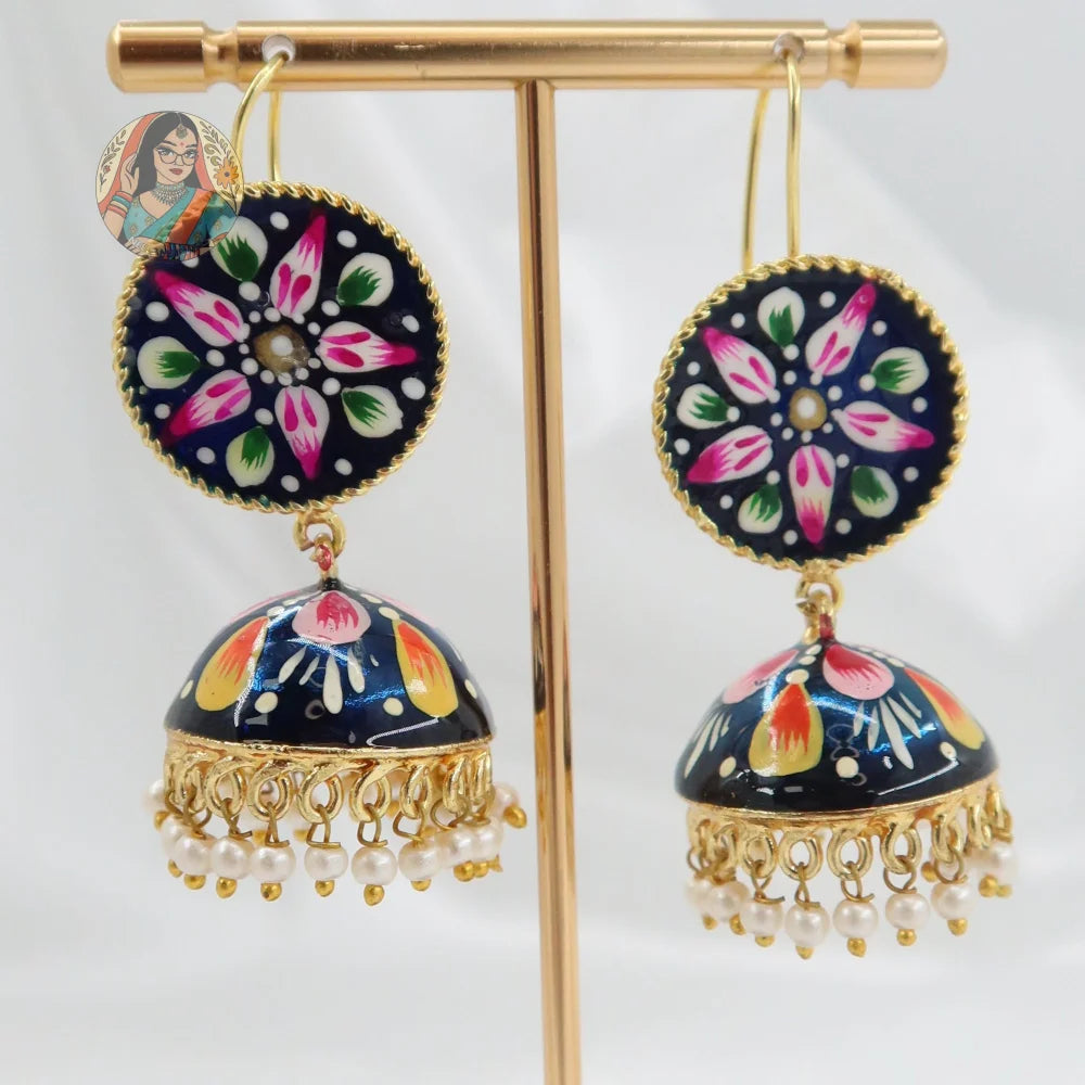 Meenakari Oxidized Silver Jhumkis - M
