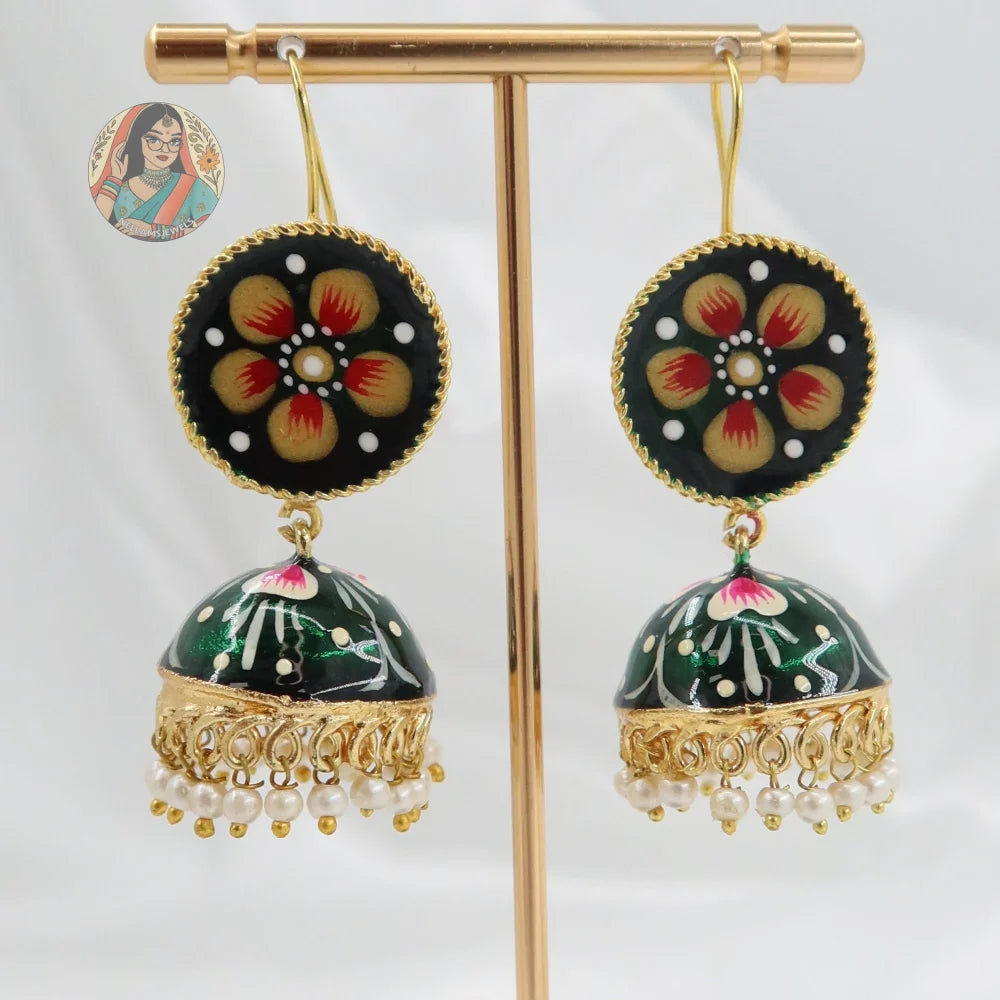 Meenakari Oxidized Silver Jhumkis - N