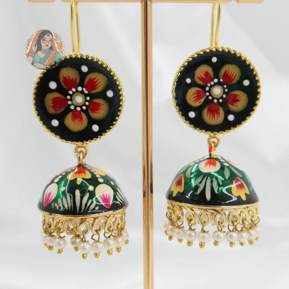 Meenakari Oxidized Silver Jhumkis - Q