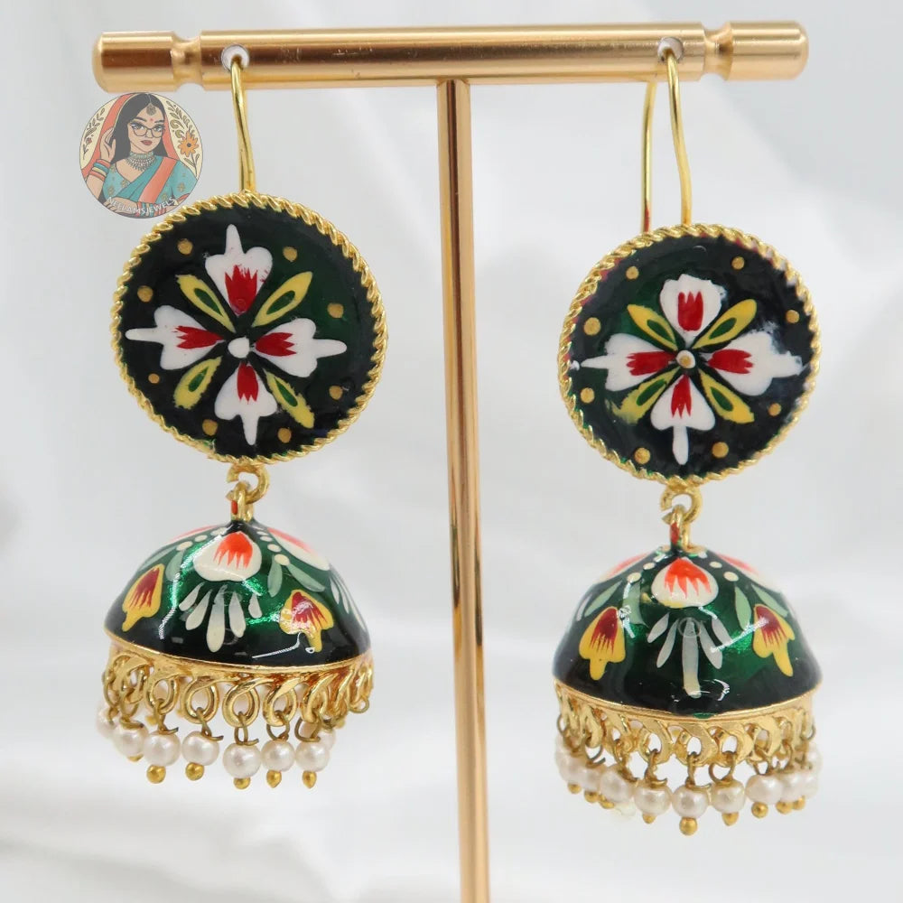 Meenakari Oxidized Silver Jhumkis - S