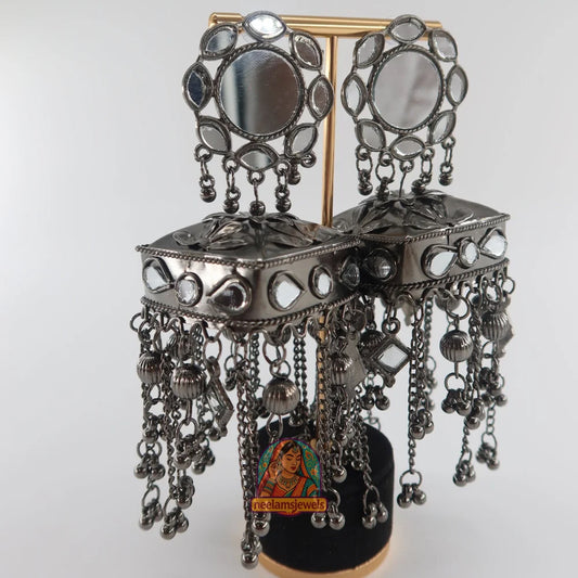 Mirrorwork Cascade Oxidized Jhumkas