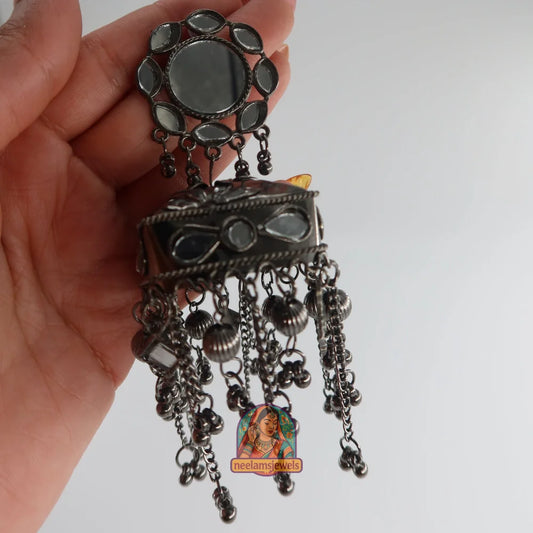 Mirrorwork Cascade Oxidized Jhumkas