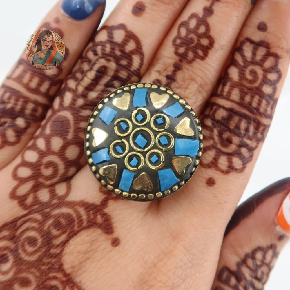 Mosaic Oxidized Ring - Gold & Blue