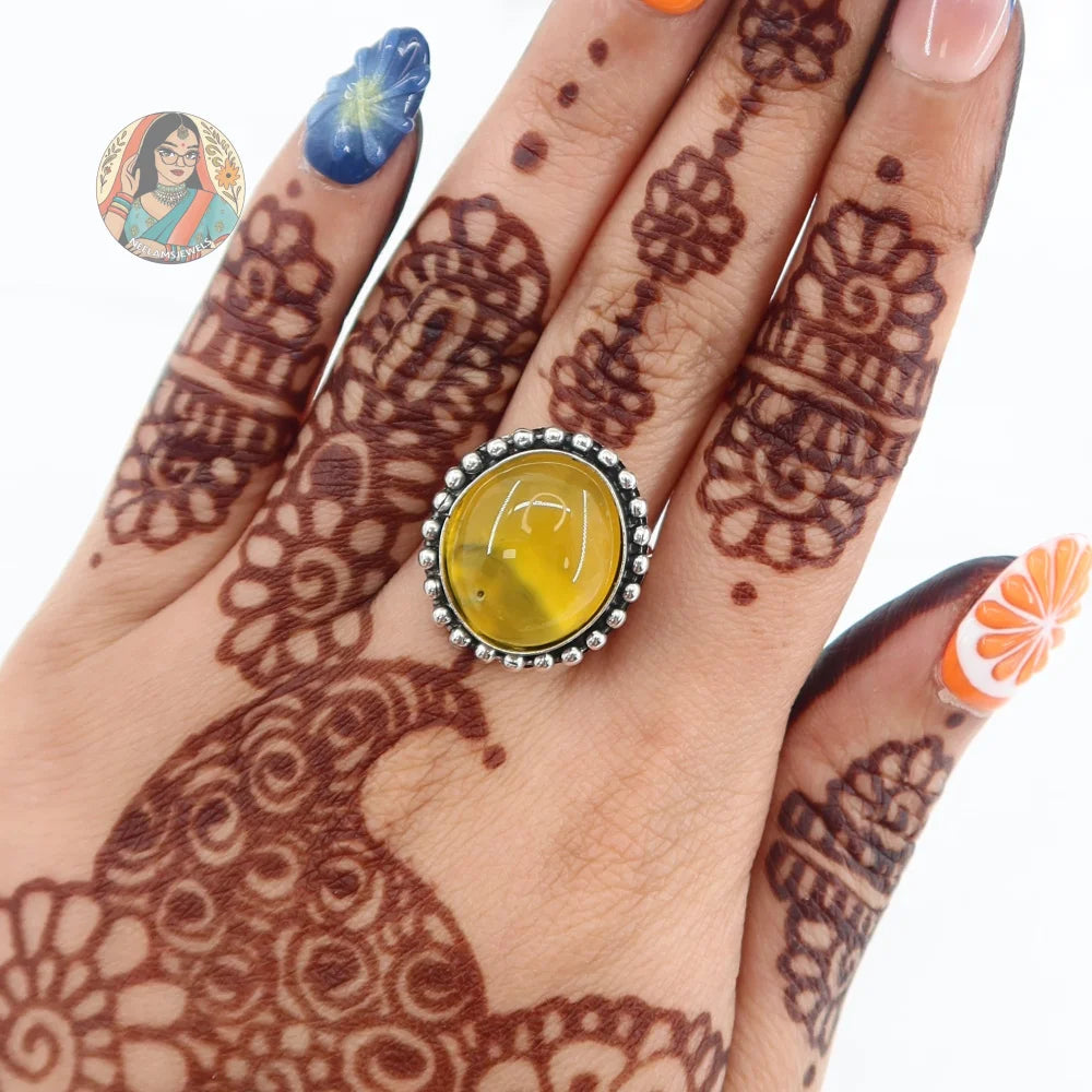Natural Stone Circular Silver Ring (Yellow)