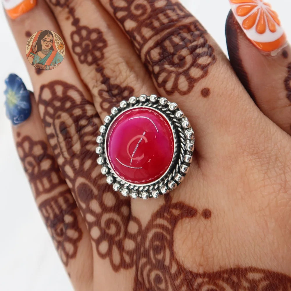 Natural Stone Silver Ring (Pink)