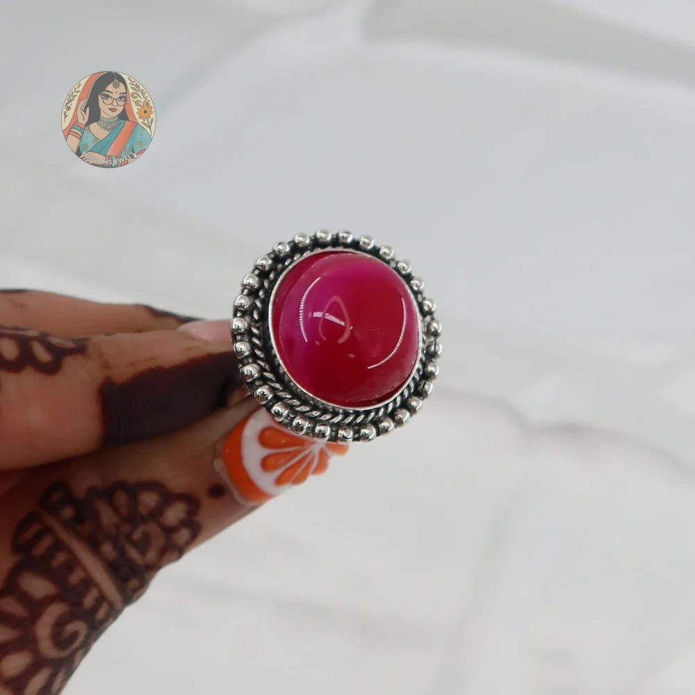 Natural Stone Silver Ring (Pink)
