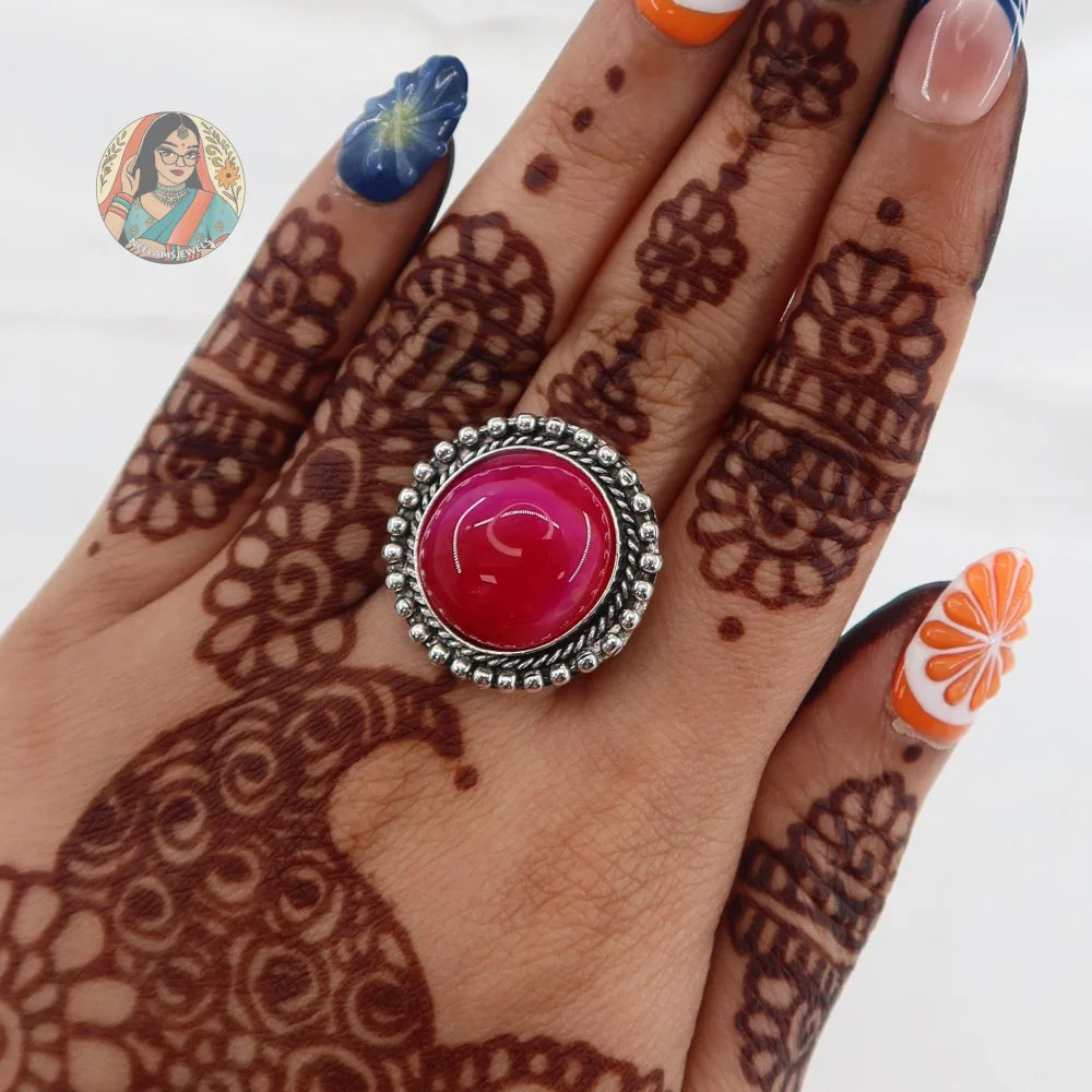 Natural Stone Silver Ring (Pink)