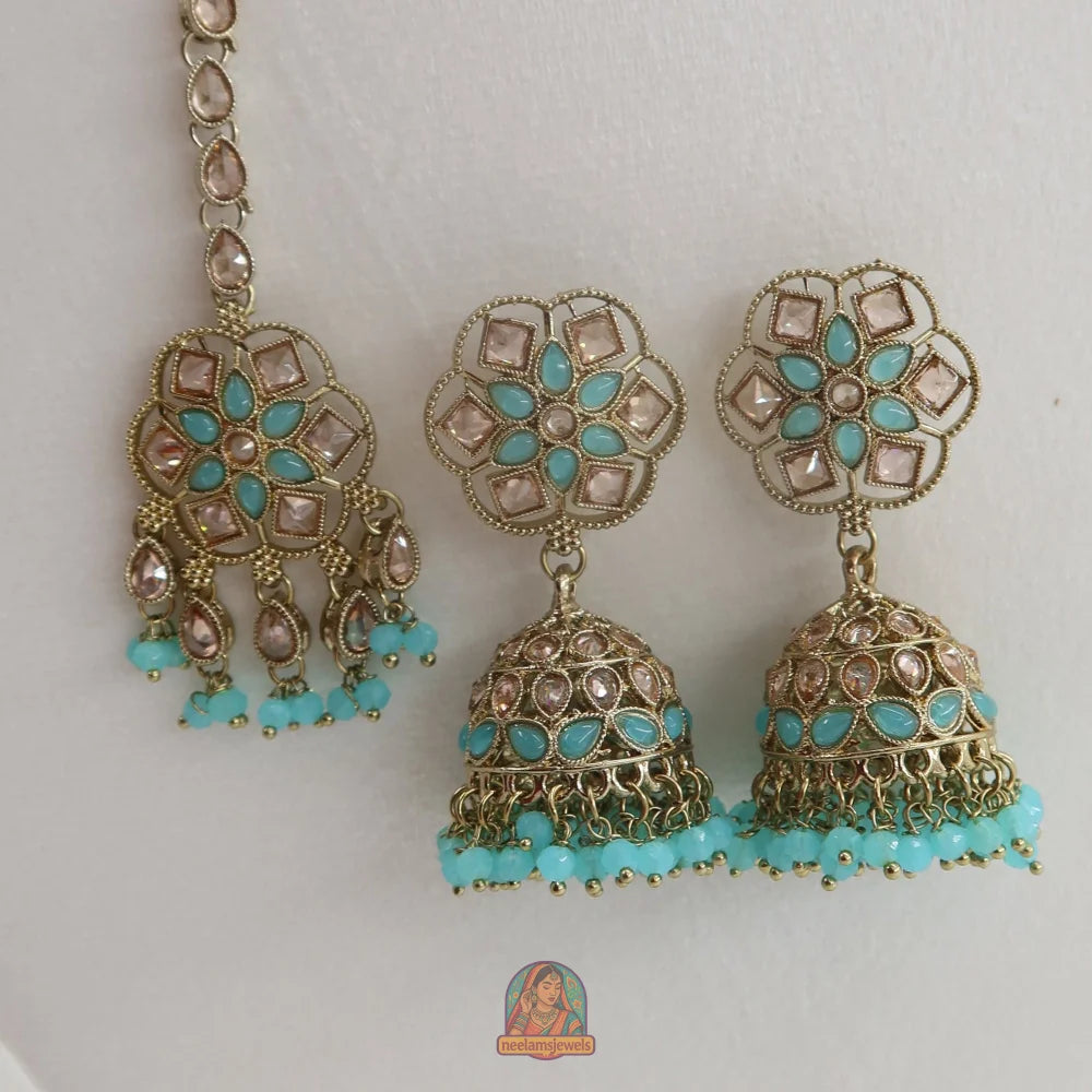 Neelam Jhumka & Tikka Set (Aqua)
