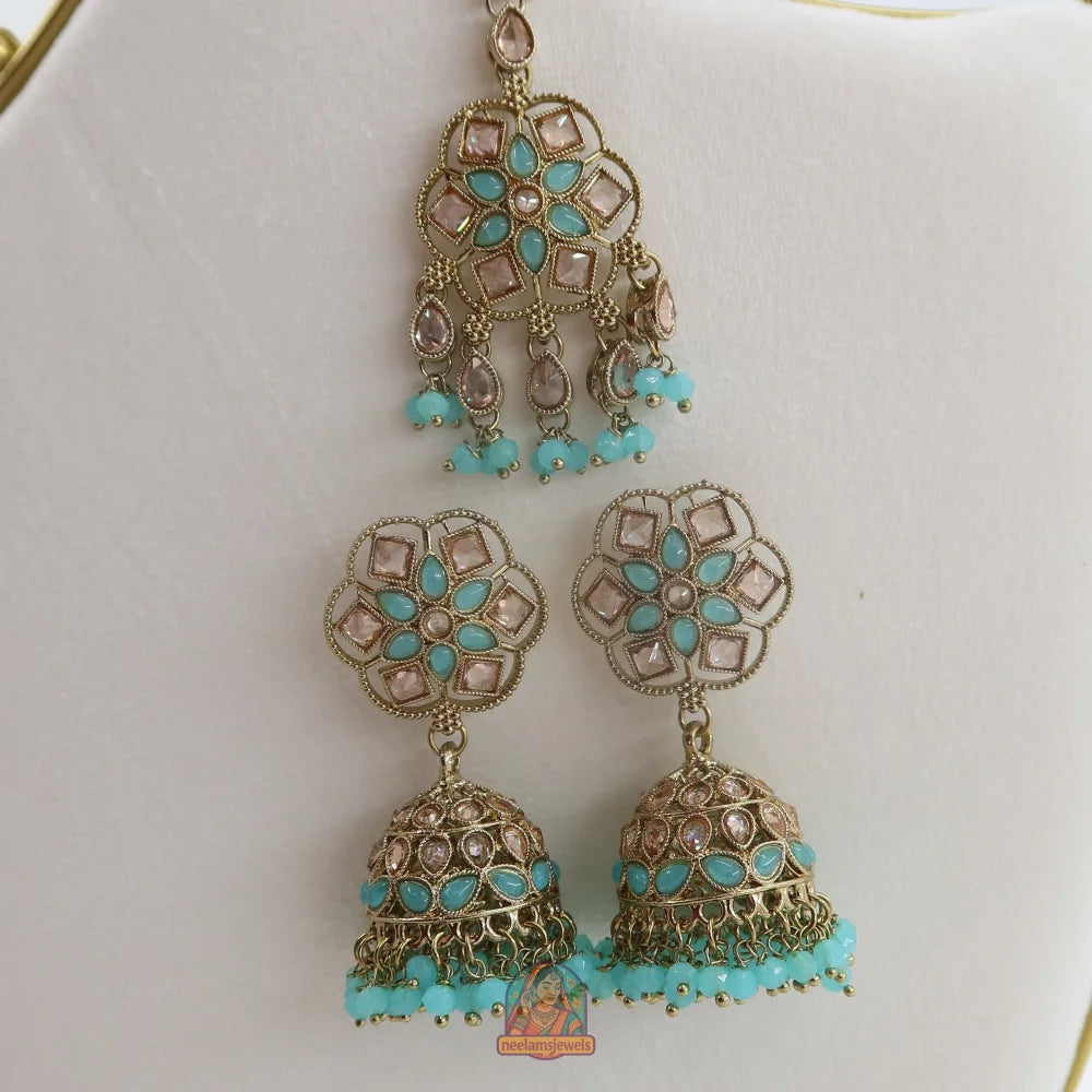 Neelam Jhumka & Tikka Set (Aqua)