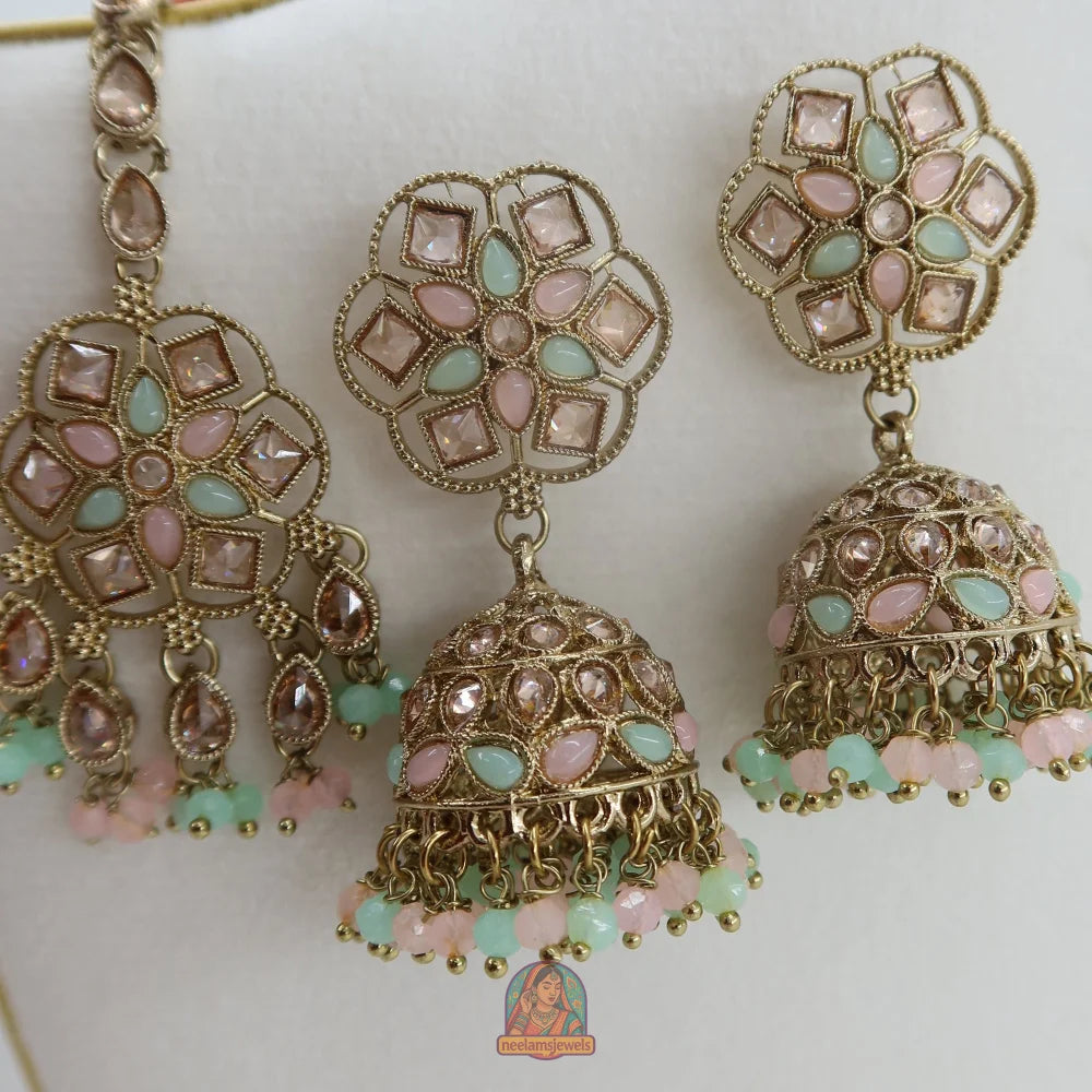 Neelam Jhumka & Tikka Set (Baby Pink & Mint)