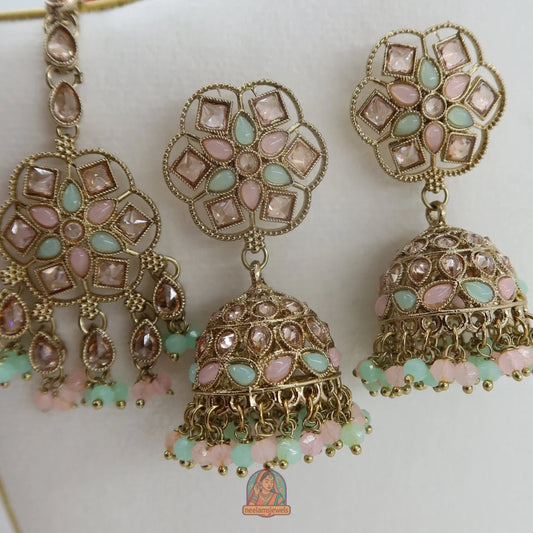 Neelam Jhumka & Tikka Set (Baby Pink & Mint)