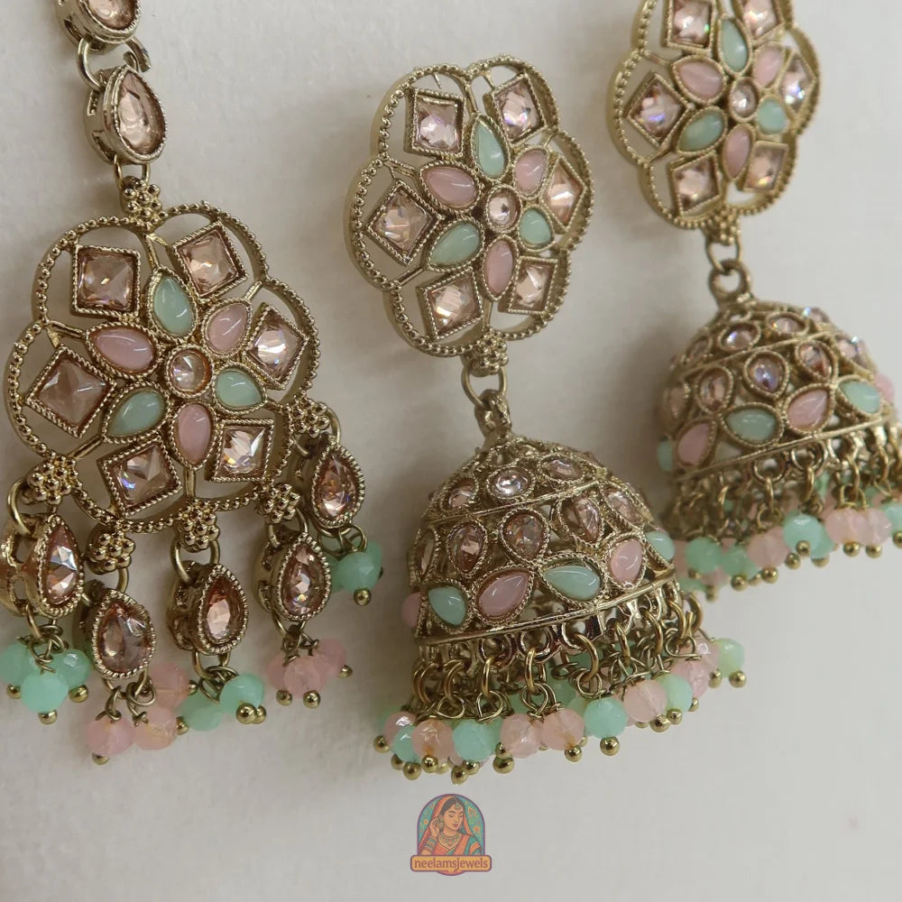 Neelam Jhumka & Tikka Set (Baby Pink & Mint)