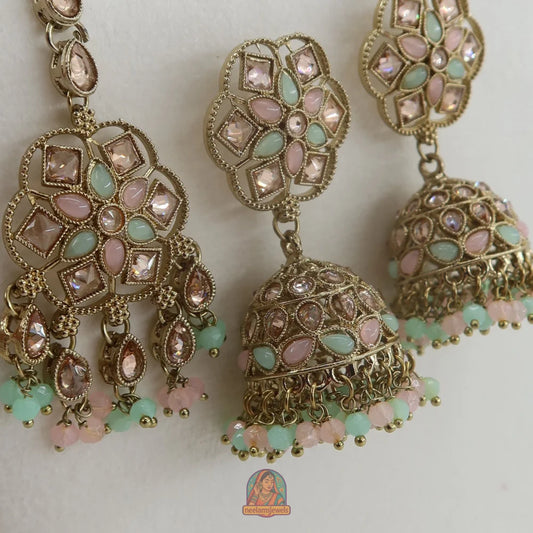 Neelam Jhumka & Tikka Set (Baby Pink & Mint)