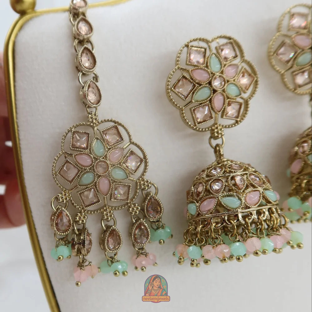 Neelam Jhumka & Tikka Set (Baby Pink & Mint)