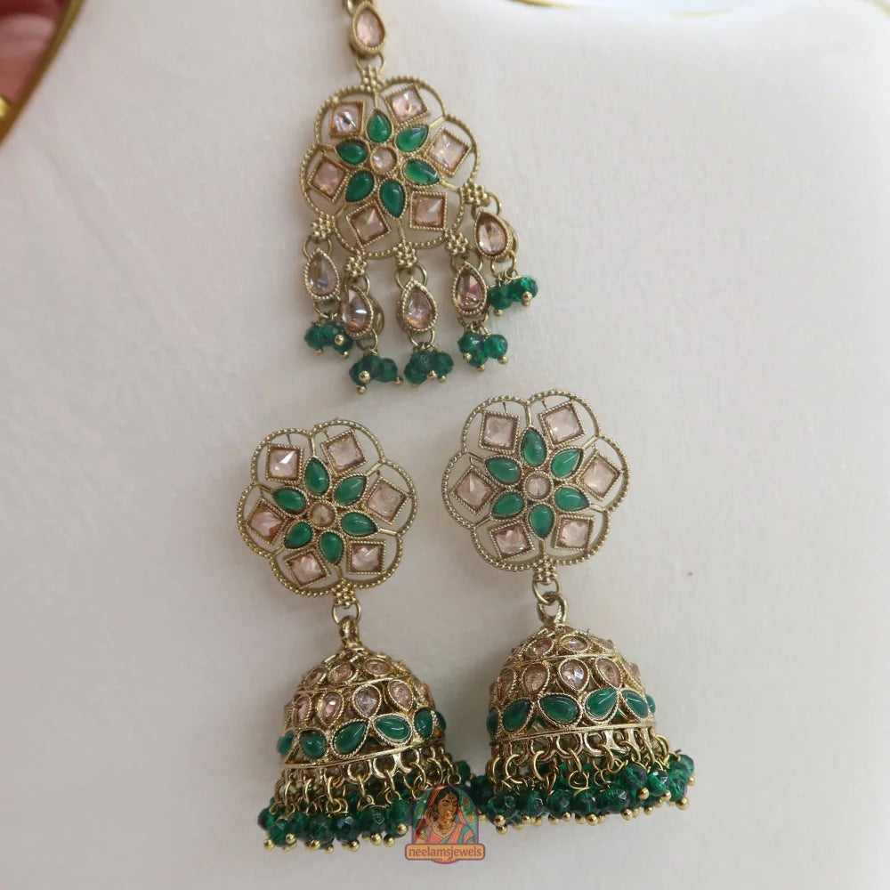 Neelam Jhumka & Tikka Set (Green)