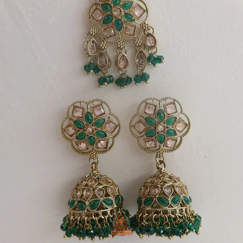 Neelam Jhumka & Tikka Set (Green)