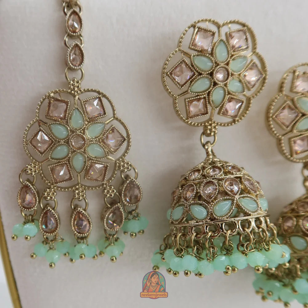 Neelam Jhumka & Tikka Set (Mint Green)