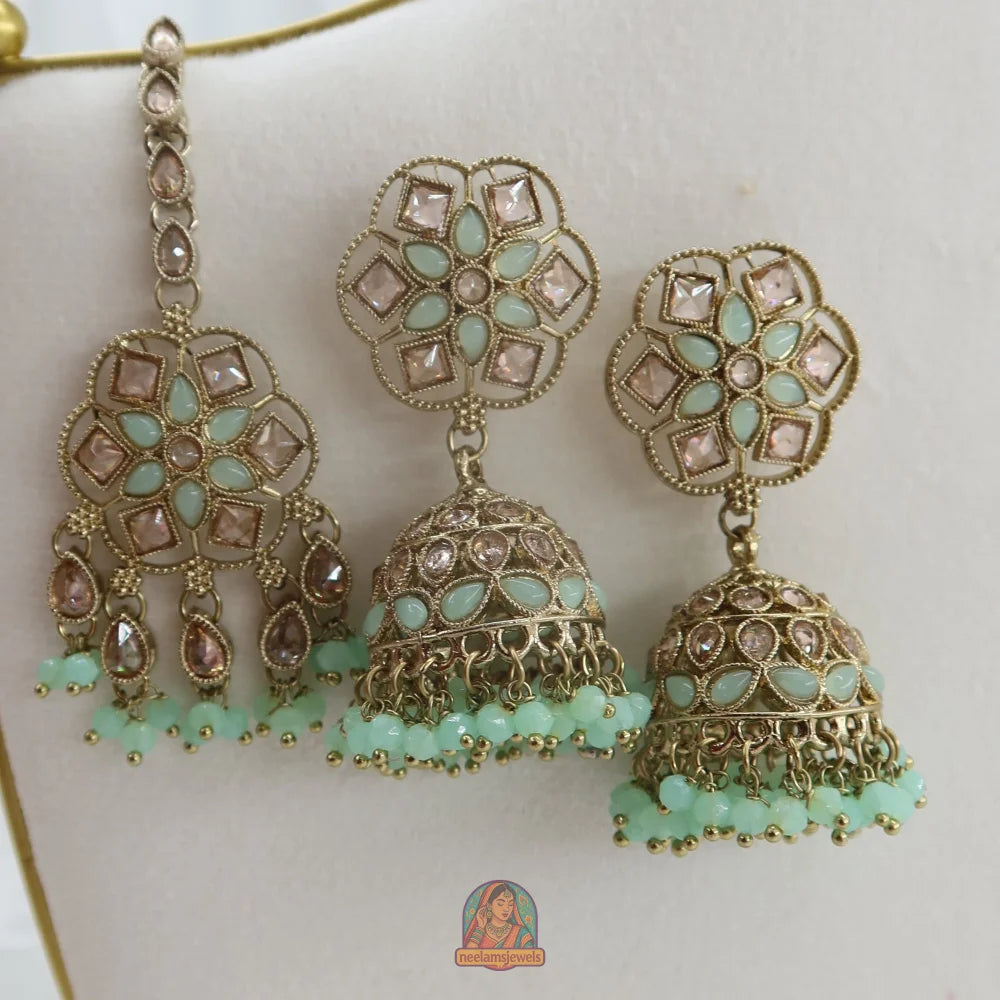 Neelam Jhumka & Tikka Set (Mint Green)