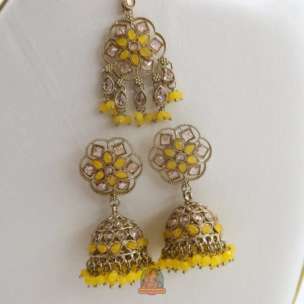 Neelam Jhumka & Tikka Set (Yellow)