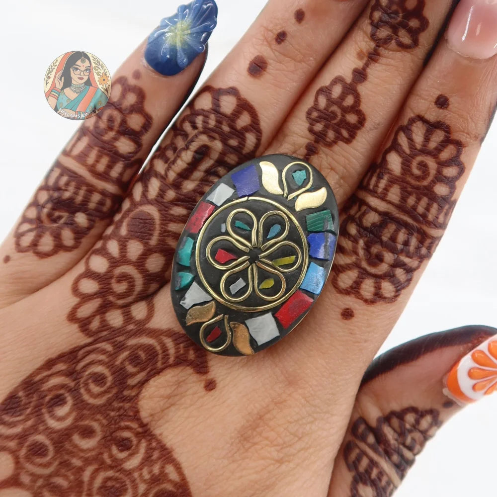 Oval Mosaic Oxidized Ring - Multicolor