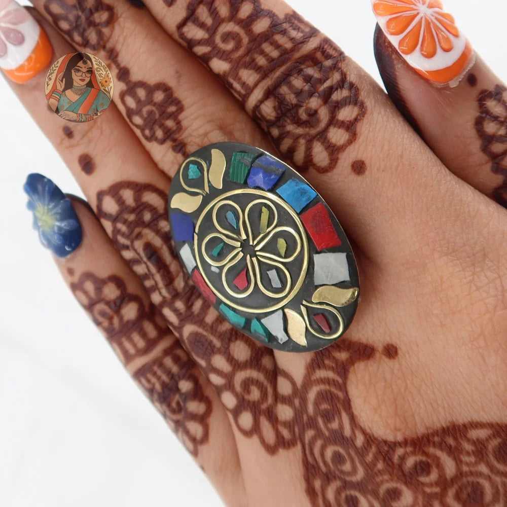 Oval Mosaic Oxidized Ring - Multicolor