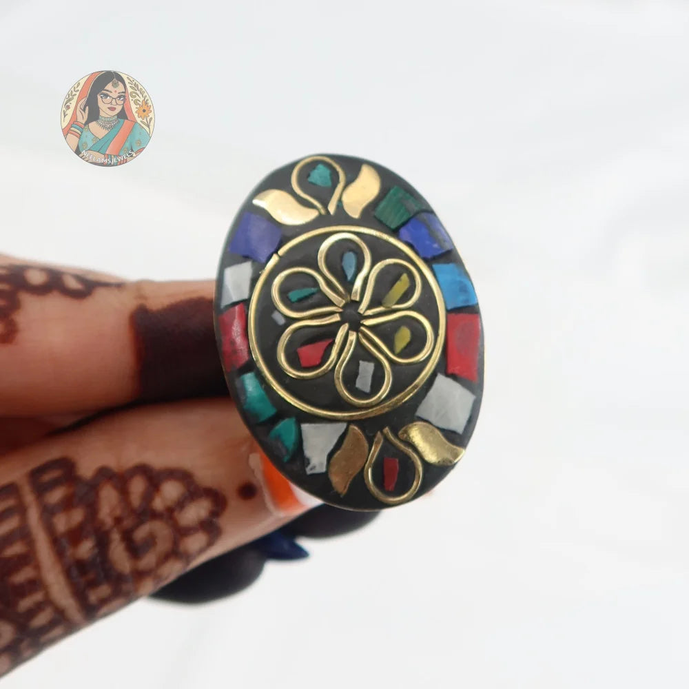 Oval Mosaic Oxidized Ring - Multicolor