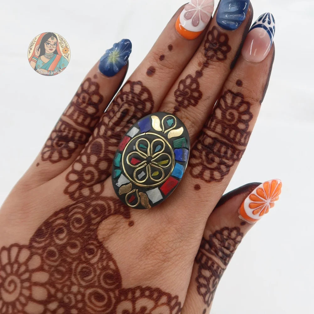 Oval Mosaic Oxidized Ring - Multicolor