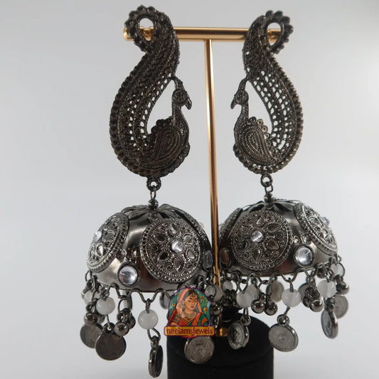 Peacock Motif Oxidized Jhumka Earrings