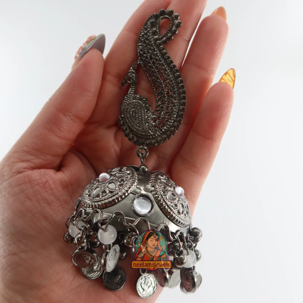 Peacock Motif Oxidized Jhumka Earrings