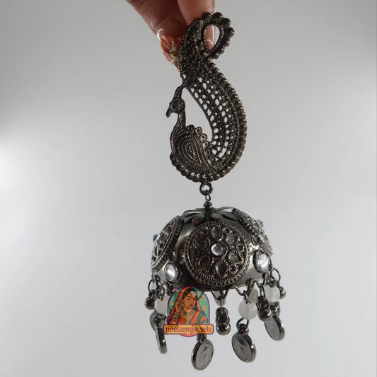 Peacock Motif Oxidized Jhumka Earrings