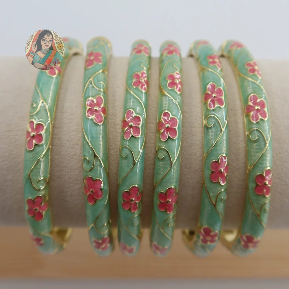 Phoolkari Meenakari Bangle 3 - Sea Green/Pink