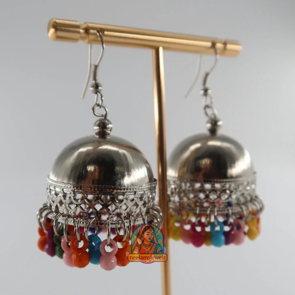 Rainbow Beaded Silver Jhumkas