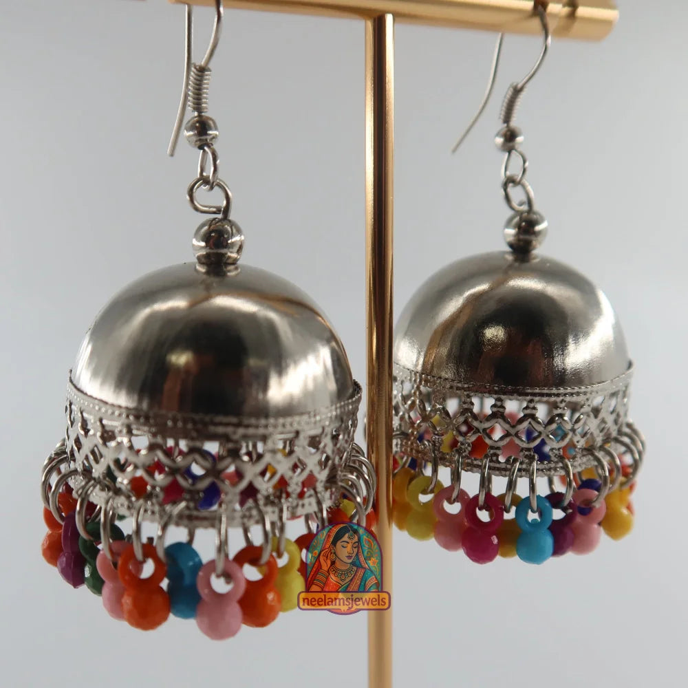 Rainbow Beaded Silver Jhumkas