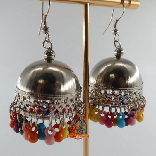 Rainbow Beaded Silver Jhumkas