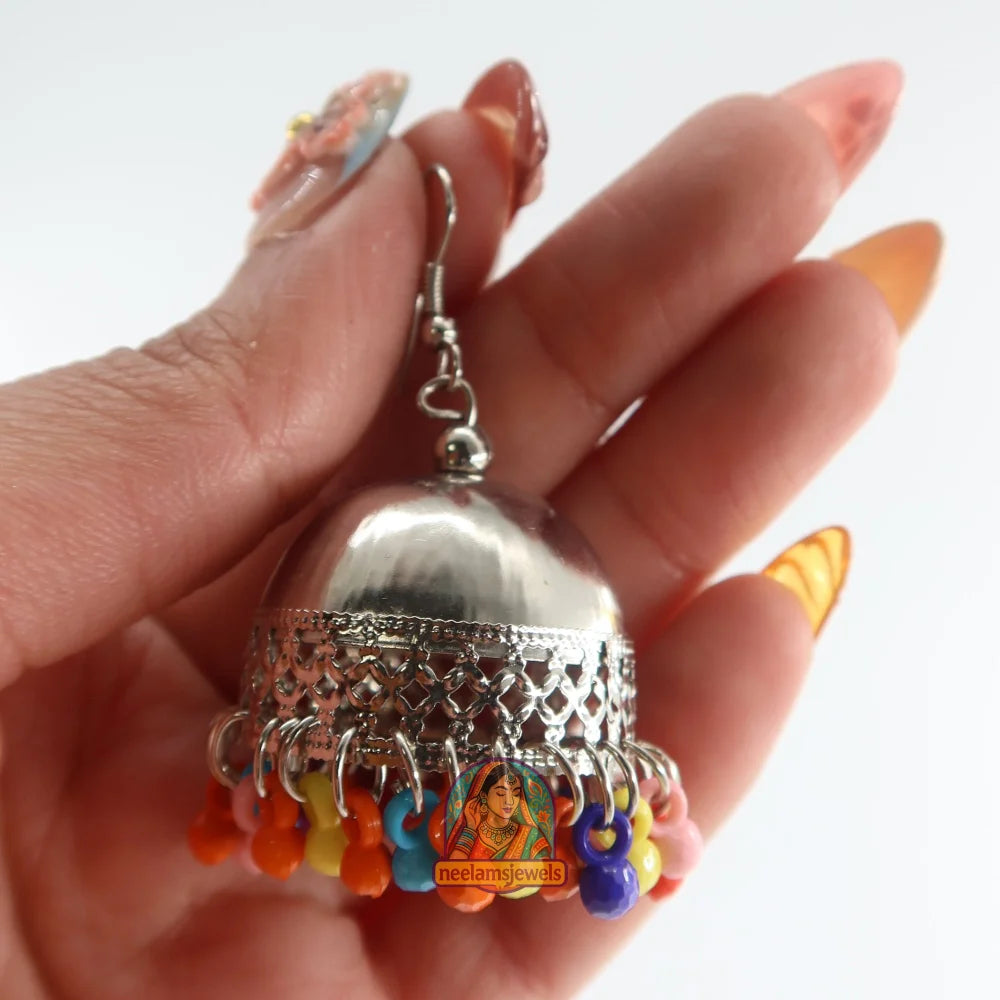Rainbow Beaded Silver Jhumkas