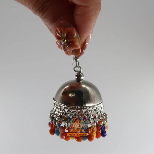 Rainbow Beaded Silver Jhumkas