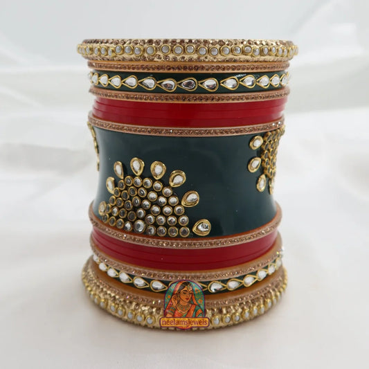 Rajwadi Meher Bangle Stack (Dark Green/Red)