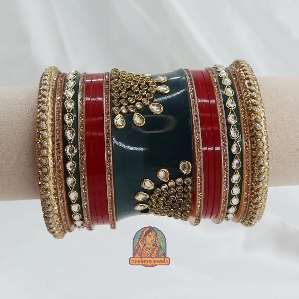 Rajwadi Meher Bangle Stack (Dark Green/Red)