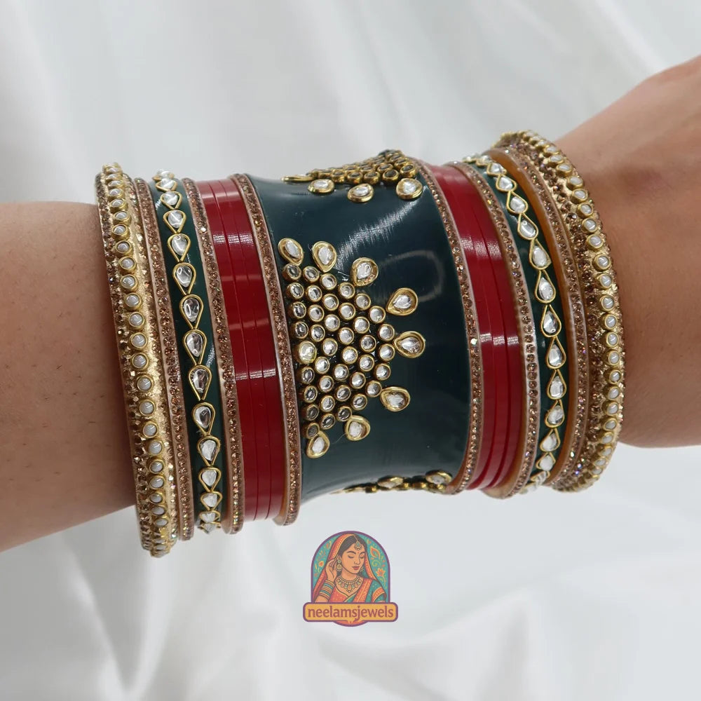 Rajwadi Meher Bangle Stack (Dark Green/Red)