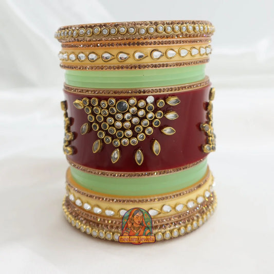 Rajwadi Meher Bangle Stack (Light Green/Maroon/Peach)