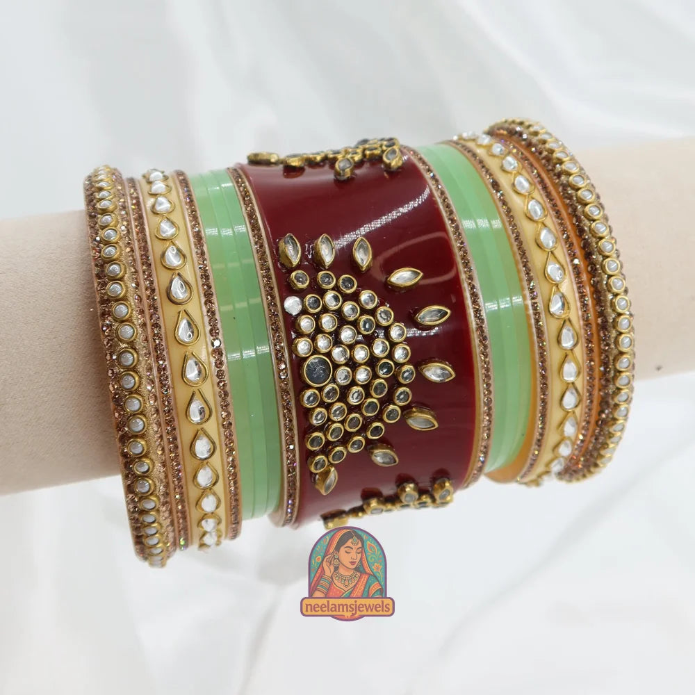 Rajwadi Meher Bangle Stack (Light Green/Maroon/Peach)