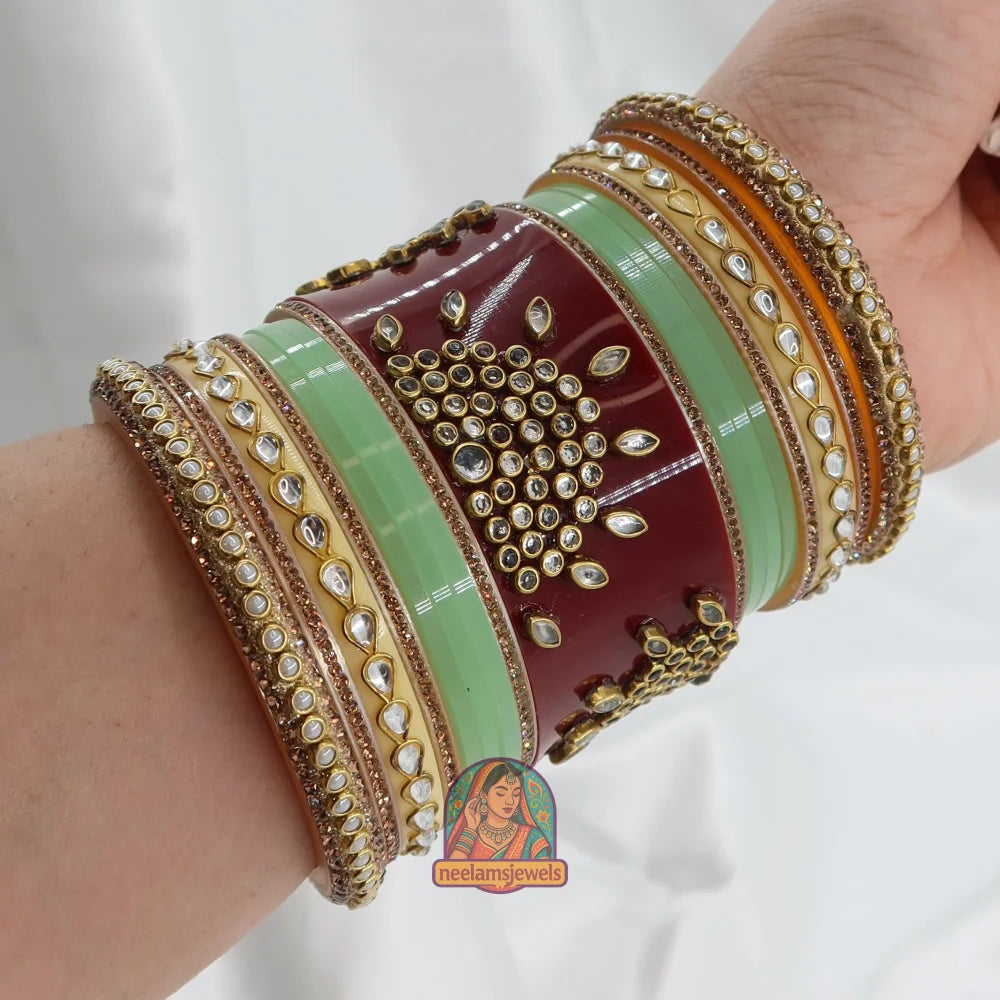 Rajwadi Meher Bangle Stack (Light Green/Maroon/Peach)