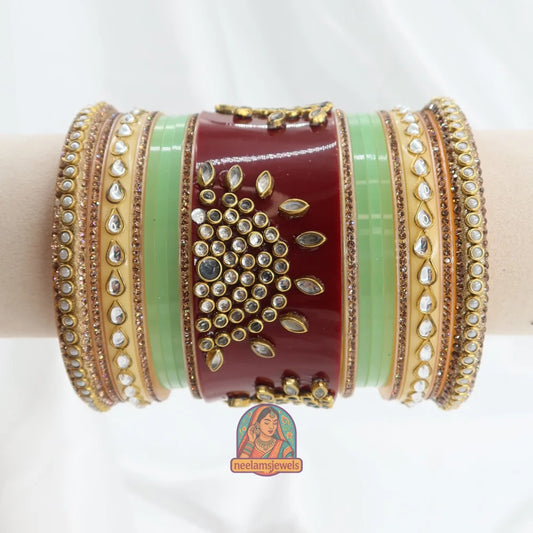 Rajwadi Meher Bangle Stack (Light Green/Maroon/Peach)
