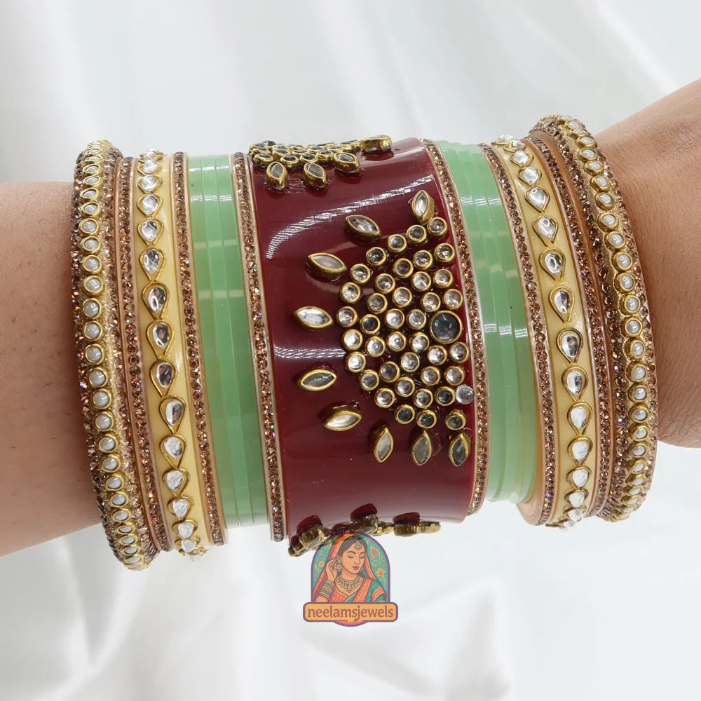 Rajwadi Meher Bangle Stack (Light Green/Maroon/Peach)